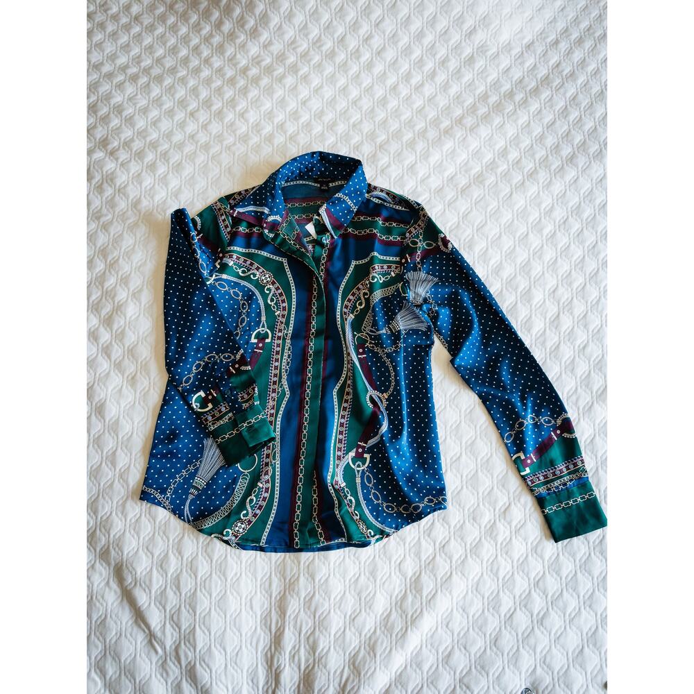 Ann Taylor NWT Shirt (XS) Full Pleated Skirt (0) Set Navy/Green Chain Print - Picture 10 of 12